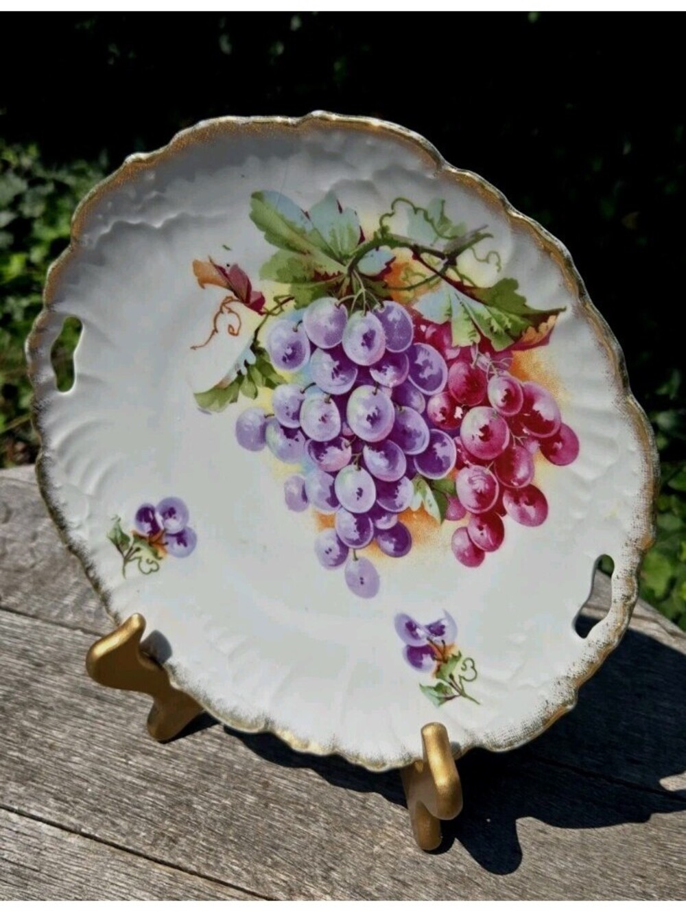 Lovely 9.75" Handled Plate Grapes Luster Finish Unmarked Made Germany Gold Trim